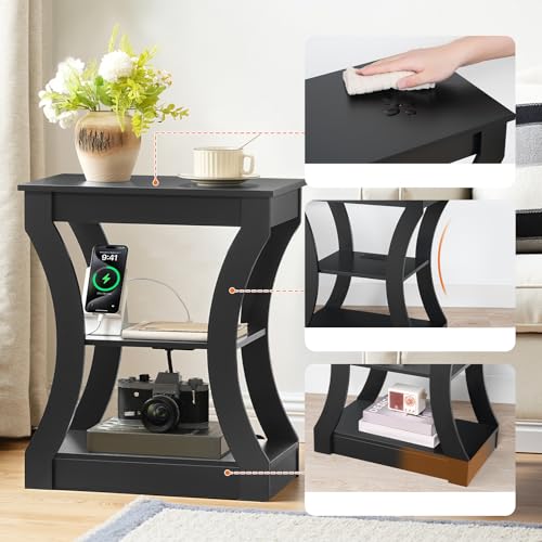 MAHANCRIS End Tables Set of 2 with Charging Station, Black (2/Black)