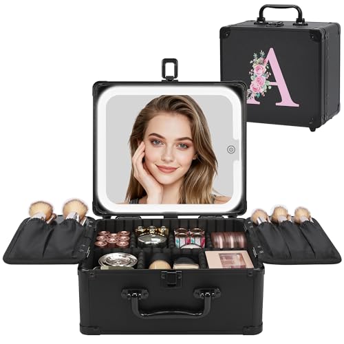 Relavel Small Personalized Makeup Bag with LED Mirror - Black Initial Travel Organizer