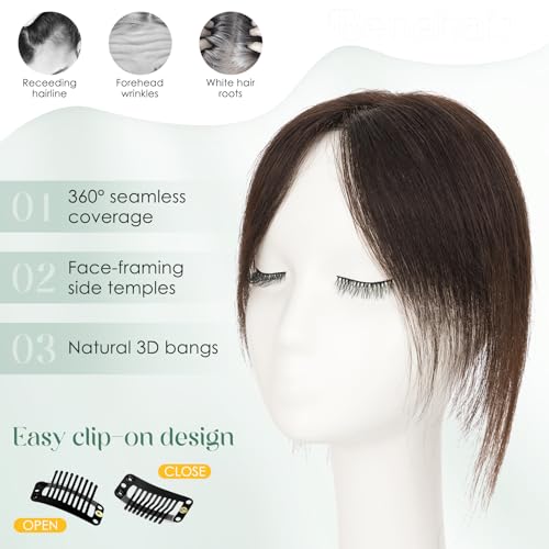 Dark Brown Human Hair Topper with Bangs - 11 Inch Clip-In Hairpiece for Thinning Hair, Side Bang Style