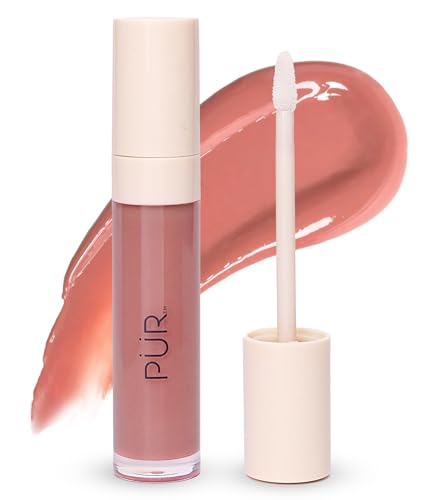 PÜR MINERALS Glossy Lip Tint & Lip Oil in Strawberry Sorbet – Hydrating & Plumping Lip Gloss, Vegan & Cruelty-Free, Soft Peach Nude