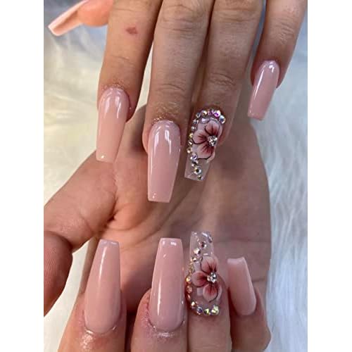 3D Acrylic Nude Flower Nail Art Charms Handmade by Acrylic Powder - 24pcs 3D Flowers Nails Rhinestones Kit 3D Crystal Nail Pearls Design Acrylic Nail Art for Women (Nude)