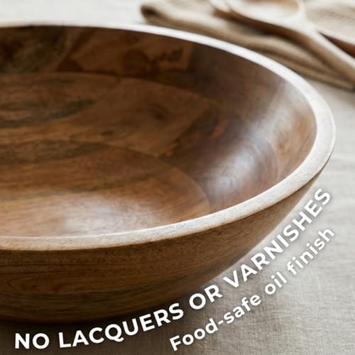 Extra Large Wooden Salad Bowl 15 Inch with Serving Utensils - Handcrafted Mango Wood Family Serving Bowl - X-Large