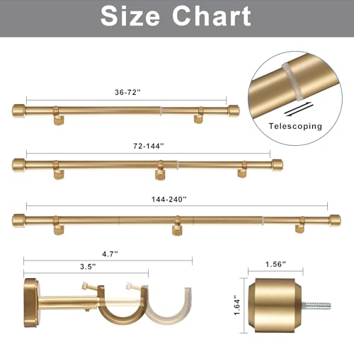 Heavy Duty Extendable Curtain Rod 1 1/8 Inch Diameter - Warm Gold, 144-240 Inches
