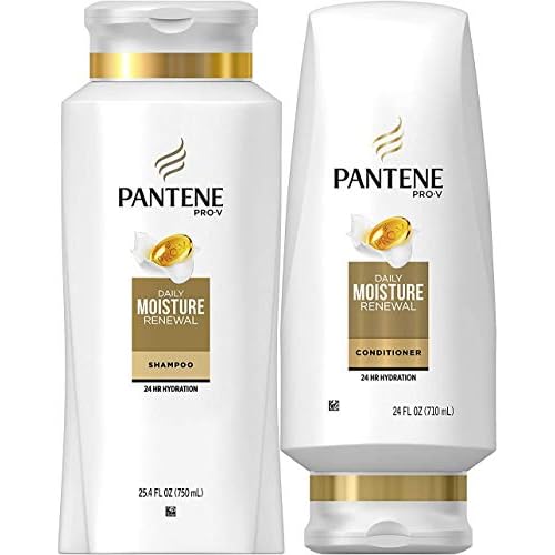 Pantene Moisturizing Shampoo 25.4 OZ and Silicon-Free Conditioner 24 OZ for Dry Hair, Daily Moisture Renewal, Bundle Pack (Packaging May Vary)
