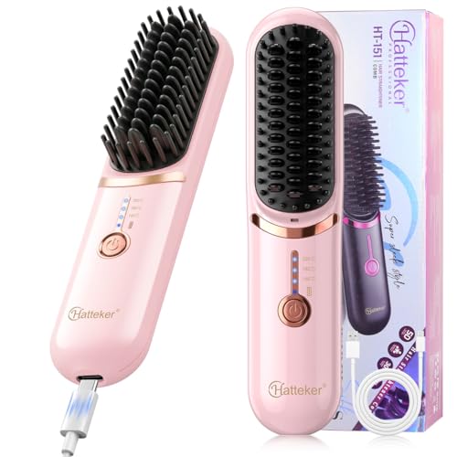 Hatteker Cordless Hair Straightener Brush Pink - Travel & Detangling Styling Tool