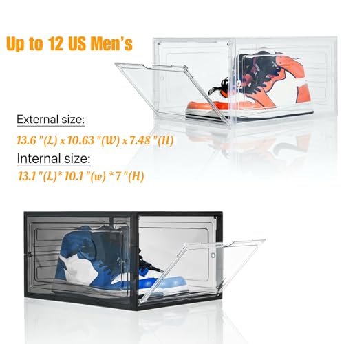 Clear Black Stackable Shoe Storage Boxes - XL 9 Pack with Magnetic Doors