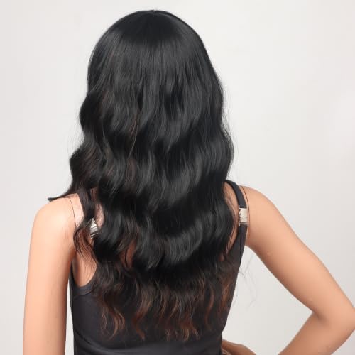 18 Inch Wavy Synthetic Wig with Bangs - Black with Brown Highlights, Heat Resistant, Natural Look, Comfortable Fit