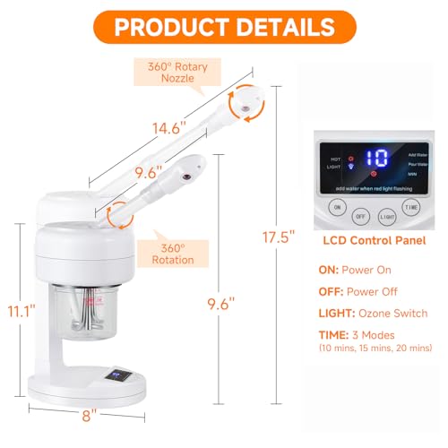 Nano Ionic Facial Steamer, Portable Face Steamer with LCD Screen, Extendable 360¡Æ Rotating Arm, Rotatable Nozzle, Hot Mist Function for Personal Care at Home or Salon