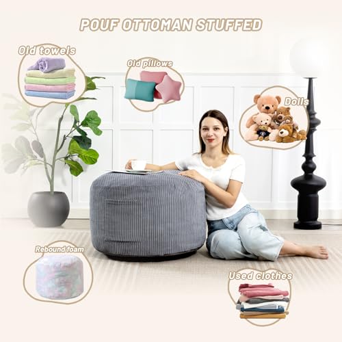 Grey Round Stuffed Ottoman 26 Inch Soft Corduroy Pouf Footstool - Manyday Variation