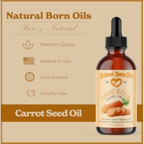 Natural Born Oils Carrot Seed Oil, 2oz, Organic, Cold-Pressed, Rich in Vitamins A & E, Ideal for Skin Rejuvenation, Hair Luster