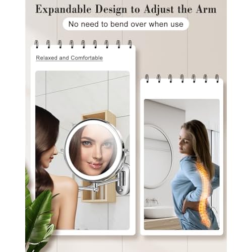 9" Wall Mounted Makeup Mirror with Light, 20X/1X Height Adjustable Double Sided Magnifying Bathroom Lighted Mirror, 3 Color Touch Dimmable Extended Arm 360 Rotation Light up Magnification Mirrors