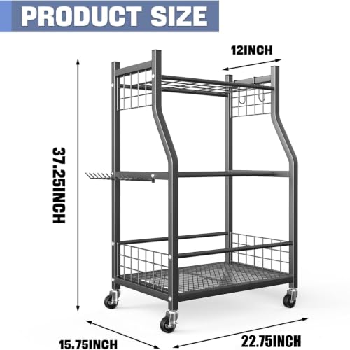 Garden Tool Organizer with Wheels - Black 22.75 Inch Rake & Shovel Stand