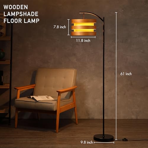 O’Bright Strata Wooden Floor Lamp - Mid Century Modern Standing Lamp with Layered Horizon Shade - Black & Light Oak