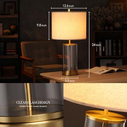 Cordless Glass Bedside Table Lamp with Rechargeable 10,000mAh Battery - Antique Brass, 24-Inch