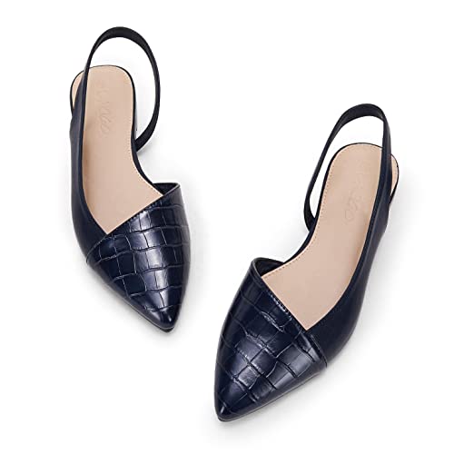Women's Navy Pointed Toe Flats Slip-On Slingback Low Heel Animal Print Mules - Size 6.5