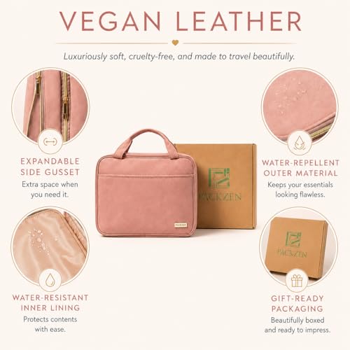 PACKZEN Large Travel Toiletry Bag for Women, Waterproof Vegan Leather, TSA Clear Pouch & Organizer