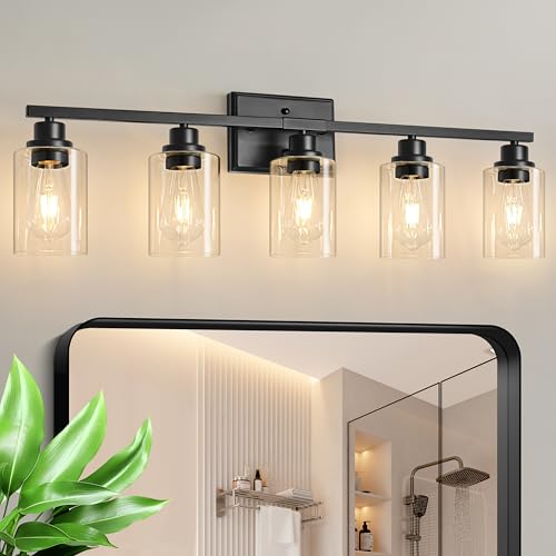 Black 5-Light Bathroom Vanity Light Fixture with Clear Glass Shades - Up & Down Mounting