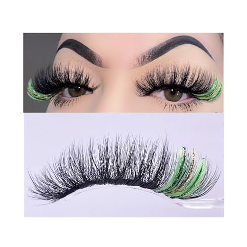 Black False Eyelashes with Green Glitter, 1 Pair Eye Lash Strip Color on the End Highlight, Fairy Black and Green Faux Mink Eyelash for Rave Party