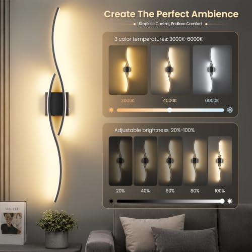 SyncGlow Black 39.4 Inch Battery-Operated Wall Sconces Set of 2 - Cordless, Dimmable, Rechargeable LED Wall Lights