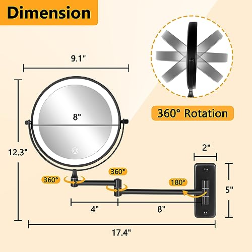 DECLUTTR 8-Inch Rechargeable LED Wall-Mounted Makeup Mirror 10X Magnification Black