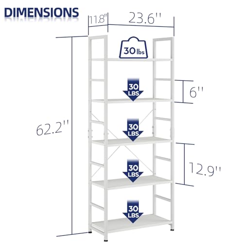 NUMENN White 5-Tier Tall Freestanding Bookcase - Modern Open Storage Shelf