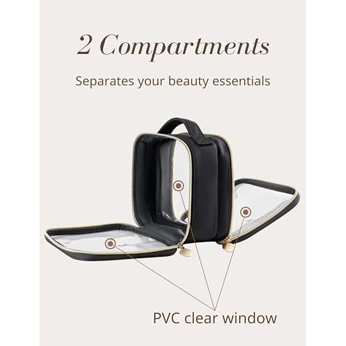 Yarnic Clear Travel Makeup Bag Transparent Portable Toiletry Bags Two Compartments Cosmetic Bag with Handle Nylon and PVC Makeup Organizer Pouch Black