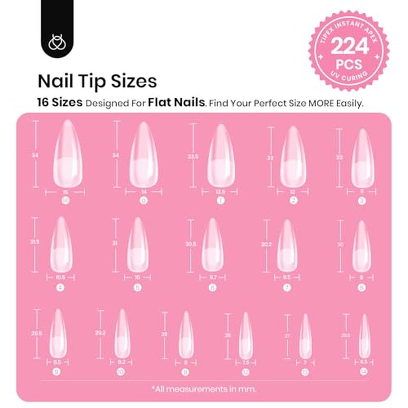 Beetles Tipex Instant Apex Nail Tips Kit, Stiletto Long, 224pcs 16 Sizes, with Tipex UV Nail Glue Mini Nail Lamp,Pre-Building Pre-Etched Strong Thicker Acrylic Nail Tips Set