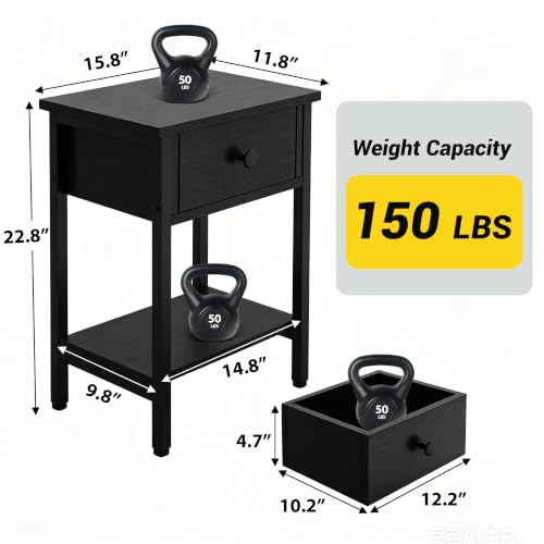 Nightstands Set of 2 with Drawers & Storage Shelves - Black, Modern Bedside Table