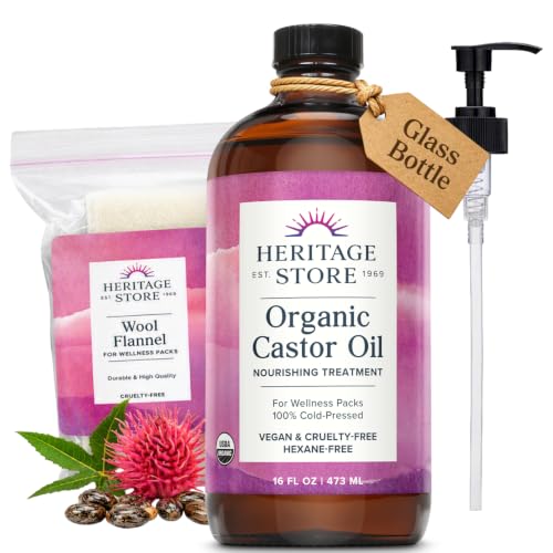 Organic Castor Oil with Pump, 16 Fl Oz - Unscented, Reusable Wool Flannel