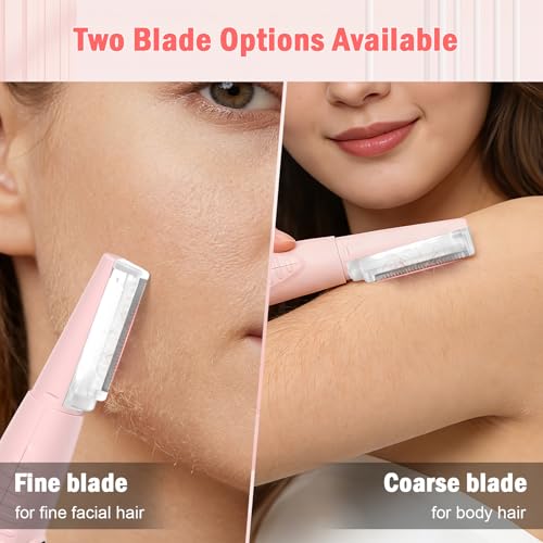 Dermaplane Razor for Women Face, Sonic Dermaplaning Tool for Peach Fuzz, Facial Exfoliation Removal & Eyebrow Trimmer, 12 Refill Coarse & Fine Blades, Rechargeable with LED Light, 3 Speeds, Pink