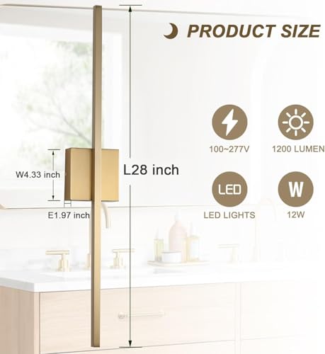 Gold Wall Sconces Set of Two - 28 Inch LED Dimmable Wall Lighting