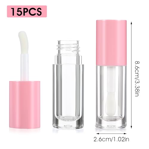 DIVINA VITAE 15Pcs Empty Lip Gloss Tubes -6ML Pink Clear Lipgloss Tubes with Chunky Wand - Refillable Lip Gloss Containers Bottles for DIY Lipgloss Makeup Cosmetic(Pink)