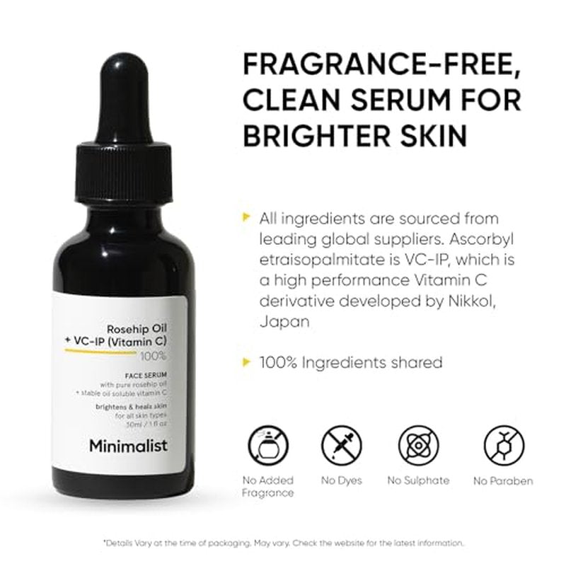 Minimalist Rosehip Oil with Vitamin C for Anti Aging & Glowing Skin | Fades Acne Marks & Scars & Reduces Photoaging | Pure & Cold Pressed | For Women & Men | 1 Fl Oz / 30 ml