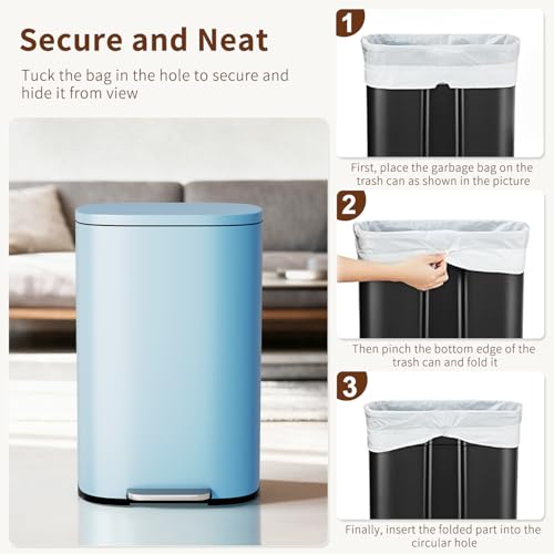 13 Gallon Stainless Steel Trash Can with Lid and Removable Inner Bucket - Blue