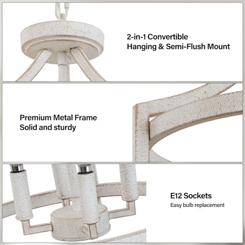 4-Light Farmhouse Chandelier - Distressed White Ceiling Light Fixture with Adjustable Height