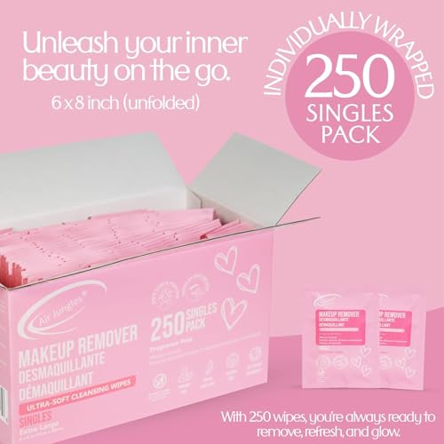 Air Jungles 250 Pack Micellar Makeup Remover Wipes - Individually Wrapped, Large 6x8 Inches, Waterproof & Oil-Removing