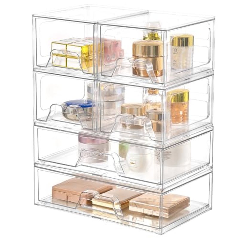 6 Pack Stackable Storage Drawers Clear Acrylic Organizer Makeup Bathroom Organizer and Storage Bins for Beauty Supplies,Ideal for Vanity, Bathroom,Pantry Organization