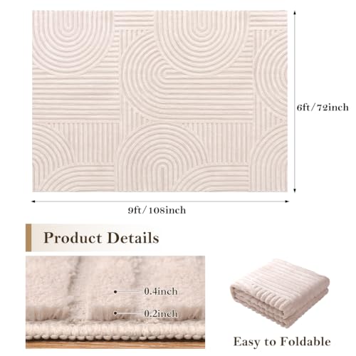 Large Beige Washable Area Rug 6x9 for Living Room High-Low Pile Textured