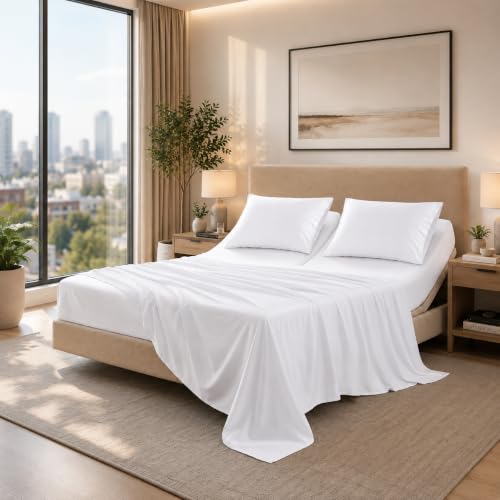 King Split Head Flex Top Bed Sheet Set - 100% Egyptian Cotton, 600 Thread Count, Adjustable Fit - White Solid (34 Inch Split) - 4 Piece