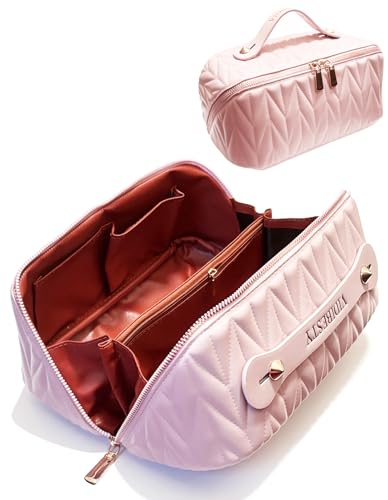 Travel Makeup Bag for Women - Pink Large Capacity Cosmetic Organizer with Divider & Handle