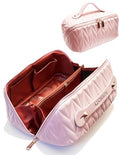 Travel Makeup Bag for Women - Pink Large Capacity Cosmetic Organizer with Divider & Handle