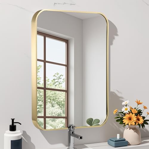 22x30 Inch Gold Bathroom Mirror - Brushed Brass Metal Frame, Rectangular with Rounded Corners, Vertical/Horizontal, Variation of THIS listing