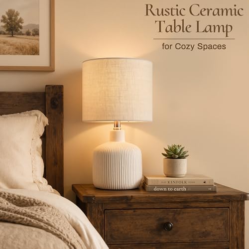 KAWOTI Off-White Ceramic Table Lamp - 17.75" Rustic Farmhouse Decor