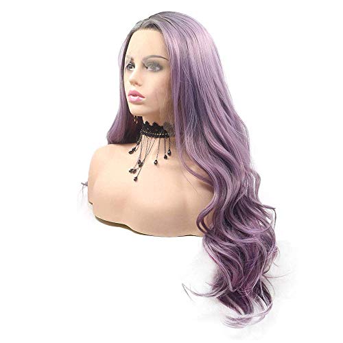 Ombre Purple Lace Front Wigs for Women 24 Inch Wavy Synthetic Hair with Brown Roots