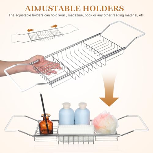 Cabilock Bathtub Tray - Stainless Steel Bathtub Caddy, Expandable Extra Wide Bath Tub Organizer, Rust-Resistant Over The Tub Shelf Rack with Non-Slip Grips for Phone Book Wine Glass, Silver