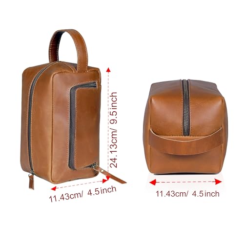Buffalo Leather Travel Toiletry Bag - Tan Dopp Kit for Men & Women, Organizer with Zipper