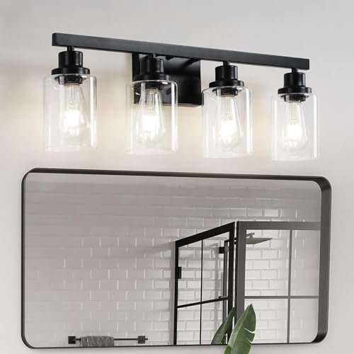 Black 4-Light Bathroom Vanity Light - Modern Matte Black Wall Sconce with Clear Glass Shades, Over Mirror, Bedroom & Living Room