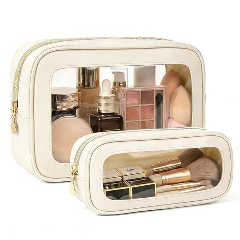 2Pcs Clear Makeup Bags Set, Clear Travel Makeup Brush Holder Leather Makeup Case Toiletry Bag with Zipper Portable Cosmetic Pouch Waterproof Makeup Brush Storage Bag Car Bag for Essentials (White Set)