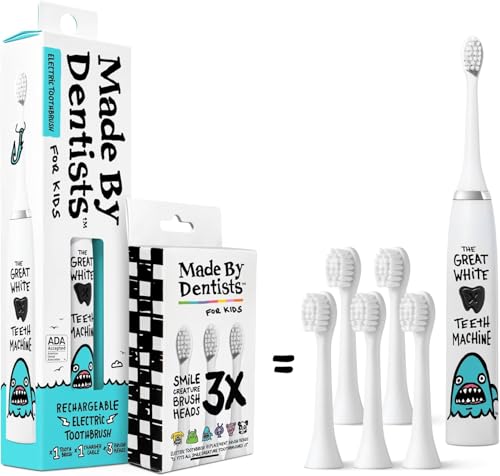 Kids Electric Toothbrush - Rechargeable Vibrating Shark Design with 6 Replacement Heads, Timer, Gently Cleans Teeth - Made by Dentists - Shark