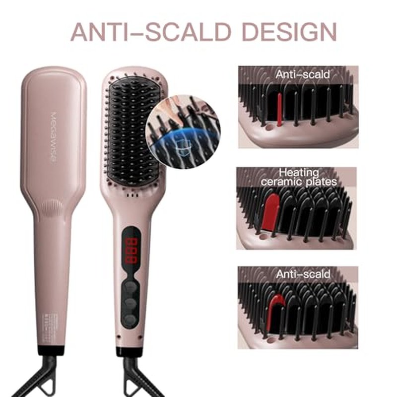 MEGAWISE Pro Ceramic Ionic Hair Straightener Brush for Home Salon | MCH Fast 20s Heating Tech with Auto-Off Safety | Anti-Scald with Universal Dual Voltage | Rotatable Power Cord